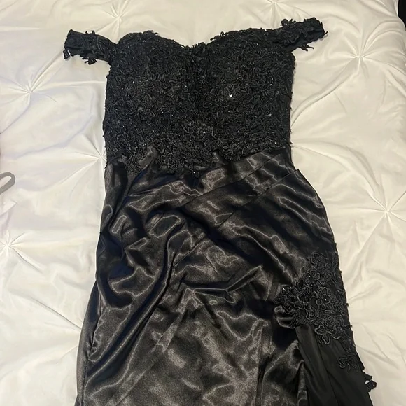 Promlily Dresses | Size 10 Prom Dress Lace Flowers And Small Beads, Leg Slit, Off The Shoulder | Color: Black | Size: 10 | Serena3435's Closet